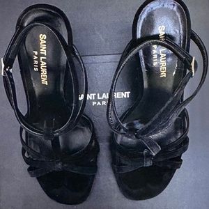 Saint Laurent 'Jane' T-Strap Sandal Heel Black Suede Women Size 7